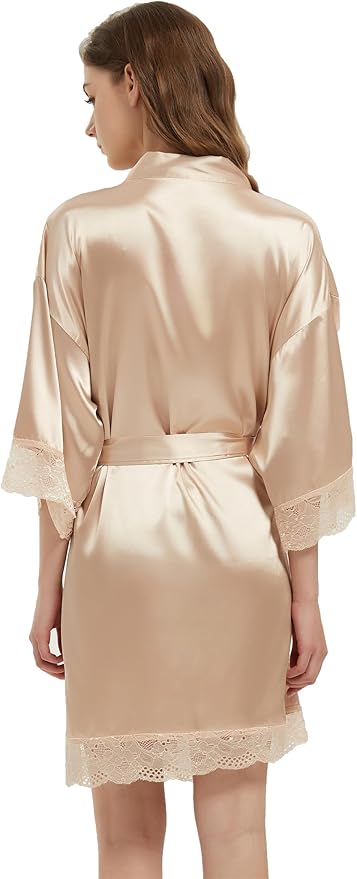 Kihnop Women's Satin Robe Silk Robe Lace Bridal Robes for Bride Bridesmaid Robes Silky Bathrobe Getting Ready Sleepwear
