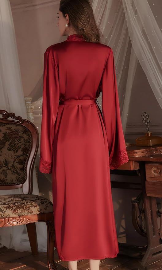Women Sexy Satin Lace Robe,Long Sleeve Silk Bathrobe with Belt Soft Lightweight Full Length Sleepwear