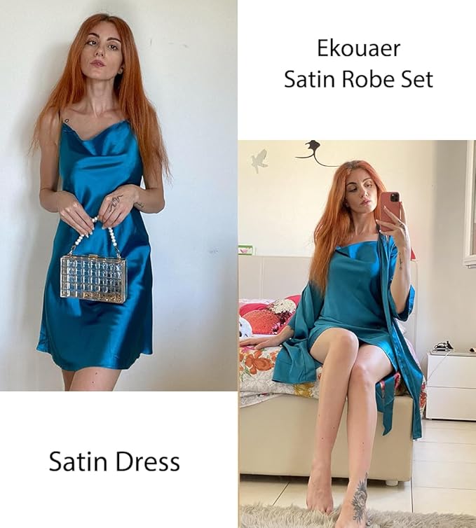 Ekouaer Women's Satin Robe Set Nightgown with Robes Silk Pajama Set 2 Pieces Lingerie Cowl Neck Cami Sleepwear Sets