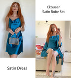 Ekouaer Women's Satin Robe Set Nightgown with Robes Silk Pajama Set 2 Pieces Lingerie Cowl Neck Cami Sleepwear Sets