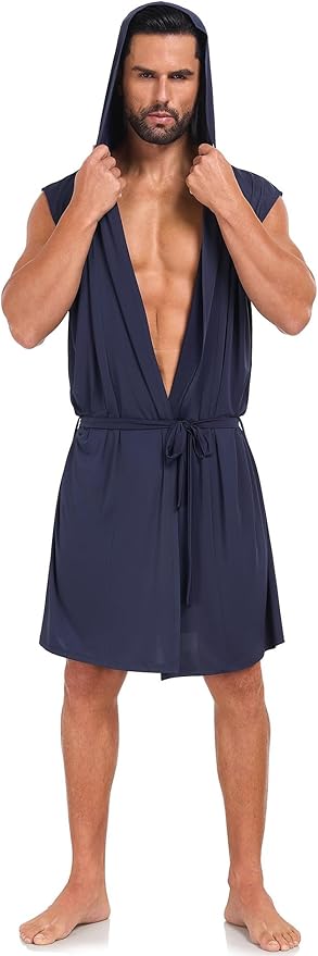 VintageClothing Men's Summer Robe with Hooded Lightweight Bathrobe House Kimono Sleeveless Sexy Sleepwear Pajamas