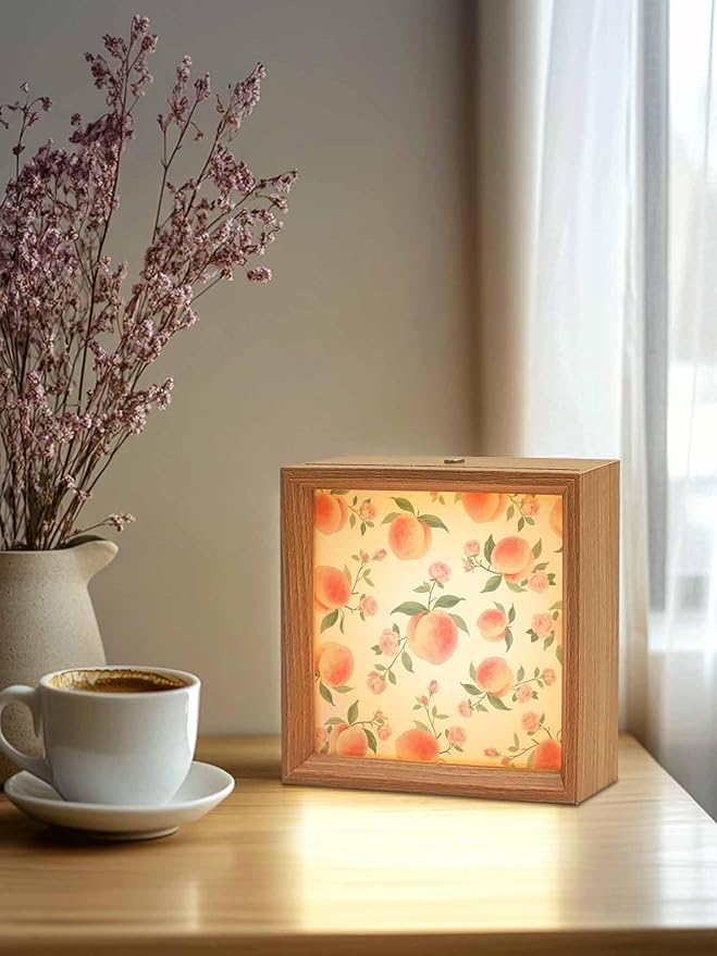 Wood Night Light Box 6.5x6.5in,Summer Fruit Pink Honey Peach Table Lights Wooden Picture Frame with USB Rechargeable Touch LED Lights for Home Decor Desktop Display,Watercolor Plants