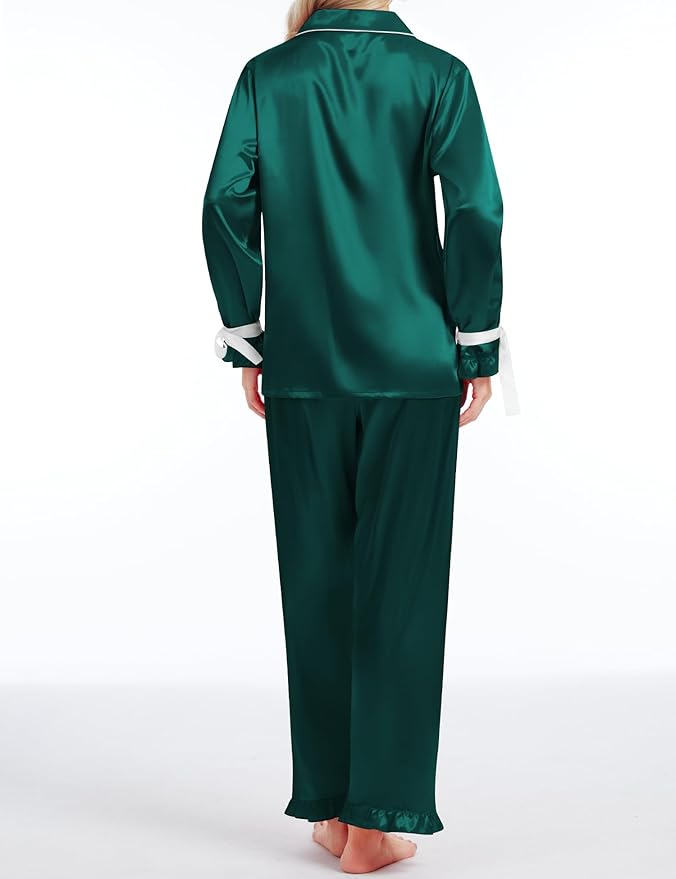 SWOMOG Womens Silk Satin Pajamas Set Long Sleeve Button Down Sleepwear 2 Piece Lounge Set Pj Set XS-3XL