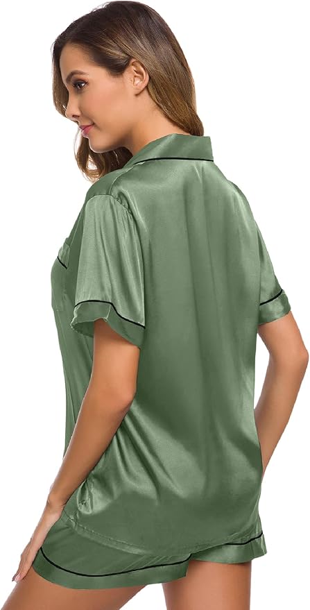 SWOMOG Womens Silk Satin Pajamas Set Short Sleeve Sleepwear Button Down Top and Shorts Loungewear 2 Piece Pjs Set XS-3XL