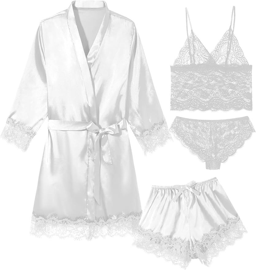 Womens 4 Pcs Lingeries Silk Pajamas Robes Set Sexy Pjs Cami Shorts Satin Sleepwear Lace Loungewear