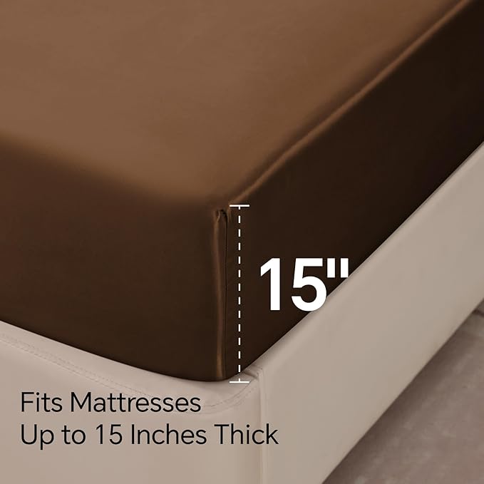 BEDELITE California King Sheets Set, Luxury Soft Brown Satin Sheets for Hair and Skin, Similar to Silk Bed Sheets Set 4 Pieces with 1 Deep Pocket Fitted Sheet, 1 Flat Sheet, and 2 Pillowcases