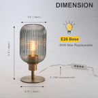 Mid Century Glass Table Lamp,Dimmable Desk Lamp,LED Bulb Included,Timer Build-in,Smoky Grey Ribbed Glass