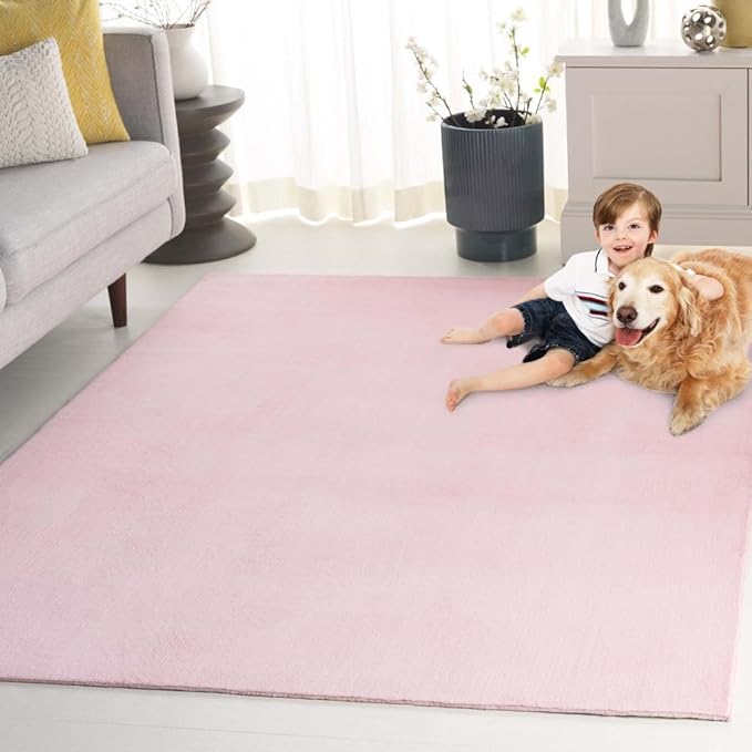 SAFAVIEH Washable Rug Faux Rabbit Fur Shag Collection - 8' x 10', Pink, Slip Resistant & Easy Cleaning, Ideal for Living Room, Bedroom, Dining Space (FRF100U)