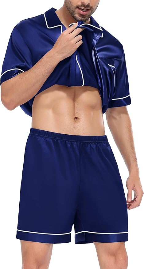 SWOMOG Satin Matching Pajamas Sets Couple Silk Button Down Nightwear Women & Men Short Sleeve Sleepwear 2 Pieces Loungewear