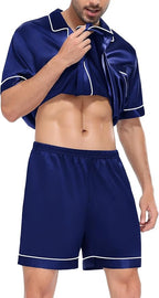 SWOMOG Satin Matching Pajamas Sets Couple Silk Button Down Nightwear Women & Men Short Sleeve Sleepwear 2 Pieces Loungewear