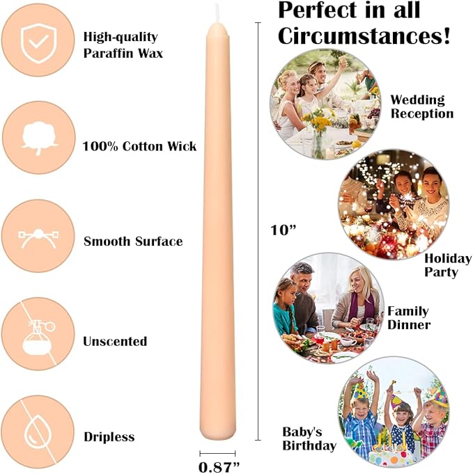 12-Pack Light-Orange Taper Candles, 10 Inch Unscented Dripless Candlesticks, Long-Lasting Burn Time of 7-8 Hours, Perfect for Fall Harvest Halloween Thanksgiving Dinners Parties and Home Décor