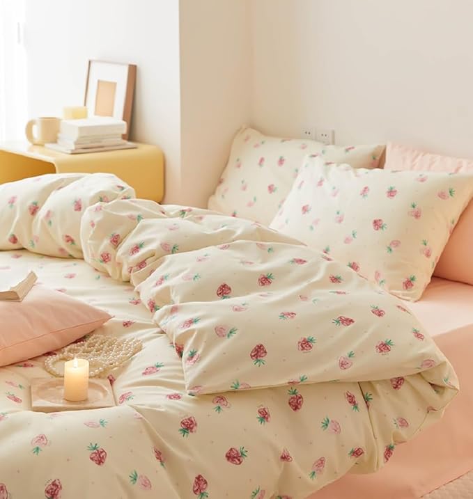 Nayoroom Strawberry Duvet Cover Set Queen Size Girls Cute Pink Strawberries Kawaii Comforter Cover 3 Pieces Soft Lightweight Microfiber Cream White Bedding with Zipper Closure