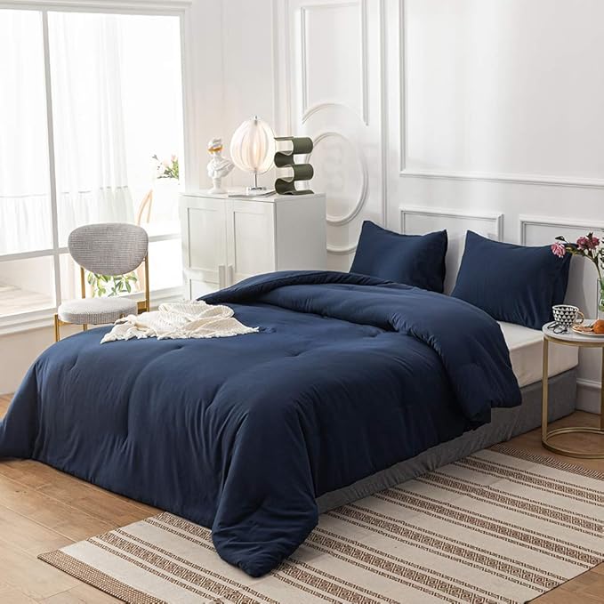 Cottonight Navy Blue Comforter Set California King Men Navy Bedding Set Dark Blue Comforter Set Breathable Soft Quilts Blanket Bedding Comforter Sets for Women Men Cal King Bed