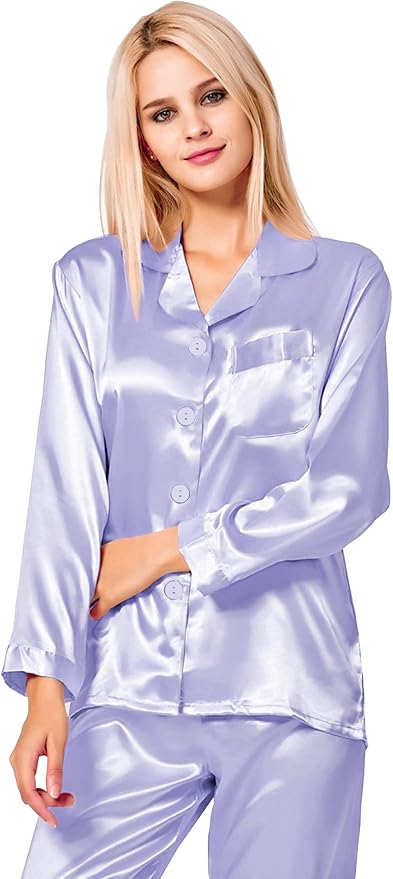 SWOMOG Long Sleeve Pajamas Set Silk Satin Sleepwear Button Down Pjs Loungewear with Pocket