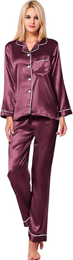 SWOMOG Womens Silk Satin Pajamas Set Long Sleeve Button Down Sleepwear 2 Piece Lounge Set Pj Set XS-3XL