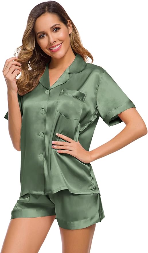 SWOMOG Womens Silk Satin Pajamas Set Short Sleeve Sleepwear Button Down Top and Shorts Loungewear 2 Piece Pjs Set XS-3XL