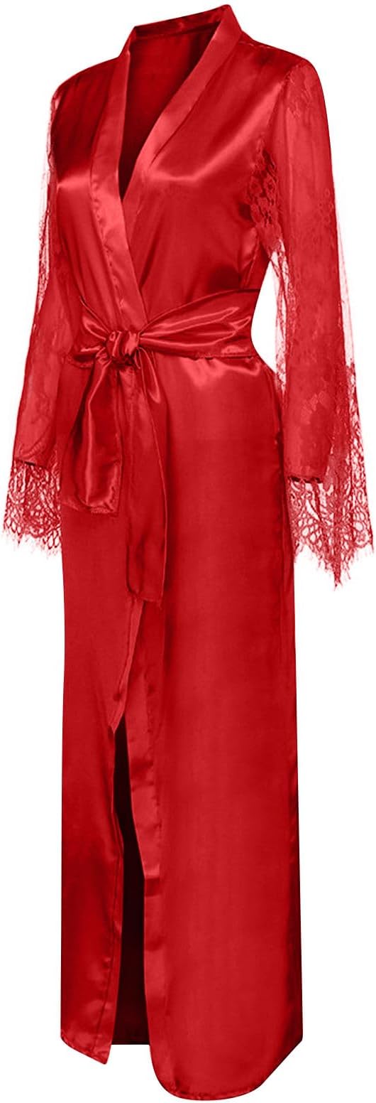 Mzkdieey Women's Floral Lace Robe Silk Kimono Bathrobe Long Bridesmaids Wedding Party Loungewear Sleepwear Dressing Gown