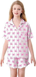 Umeyda Girls & Women Satin Pajamas Set Button Down 2 Piece Silk Pjs Shorts Set Ruffle Sleepwear, 5 Years-Women L