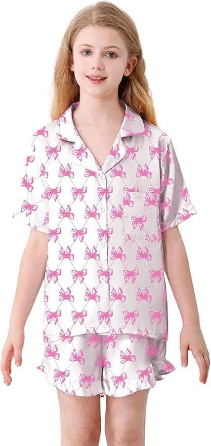 Umeyda Girls & Women Satin Pajamas Set Button Down 2 Piece Silk Pjs Shorts Set Ruffle Sleepwear, 5 Years-Women L