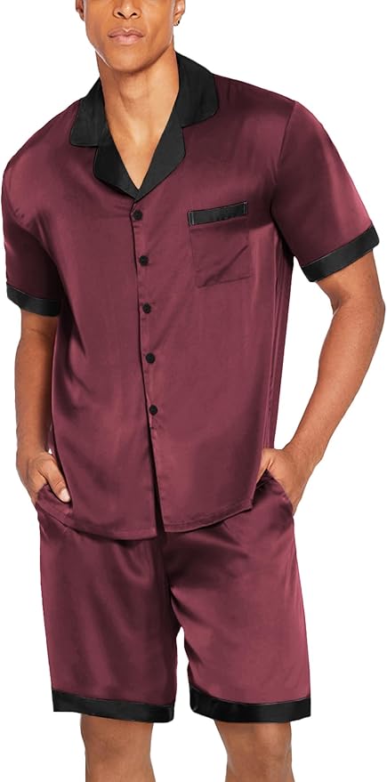 Ekouaer Men Satin Silk Pajamas Set with Pockets Sleepwear Shorts Satin Summer Loungewear 2 Piece Button Down Set S-3XL