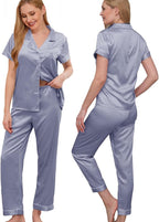 WJing Yi Jia Womens Pajamas Set XS-4XL Floral Silk Satin Pajama Sets Silky Pj Sets 2Pcs Loungewear Sleepwear Button Down Pjs