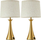 Touch Lamp for Living Room Bedroom, 21" Table Lamps Set of 2 with USB C+A Ports, Touch Bedside Lamps for Nightstand with 3 Way Dimmable, 2 LED Bulbs Included, Gold