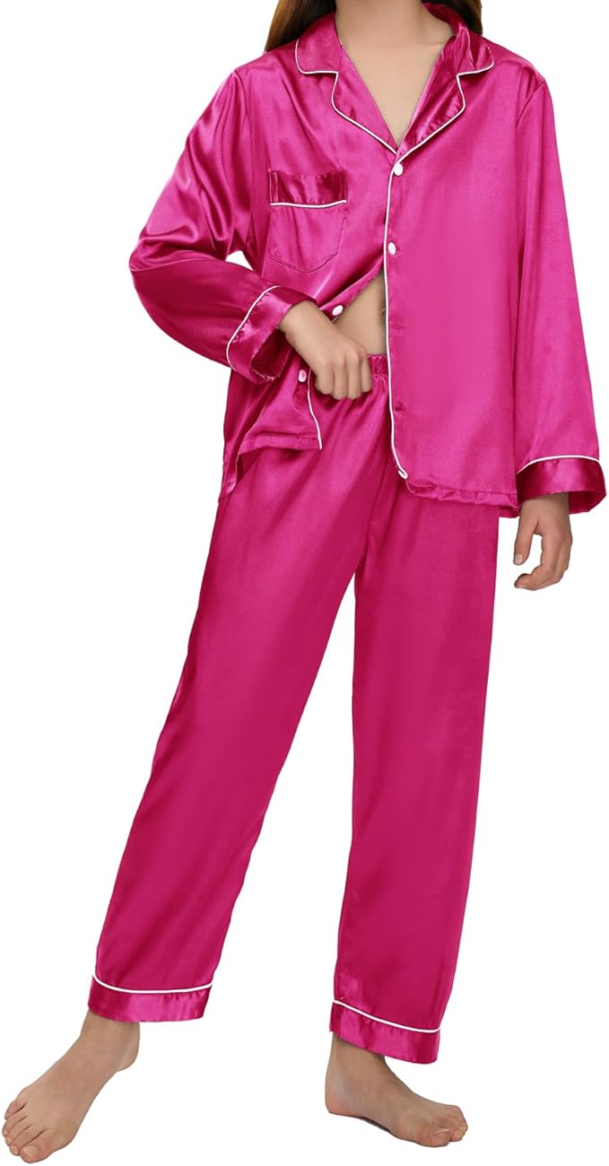 EPLAZA Kids Satin Pajamas Sets Girls Boys Button-Down Silky Pajamas Sleepwear with Hairband Eye Mask Hair Tie