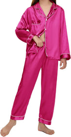 EPLAZA Kids Satin Pajamas Sets Girls Boys Button-Down Silky Pajamas Sleepwear with Hairband Eye Mask Hair Tie