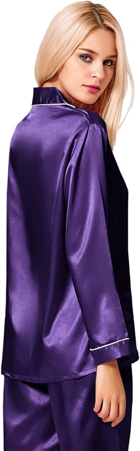 SWOMOG Womens Silk Satin Pajamas Set Long Sleeve Button Down Sleepwear 2 Piece Lounge Set Pj Set XS-3XL