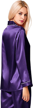 SWOMOG Womens Silk Satin Pajamas Set Long Sleeve Button Down Sleepwear 2 Piece Lounge Set Pj Set XS-3XL