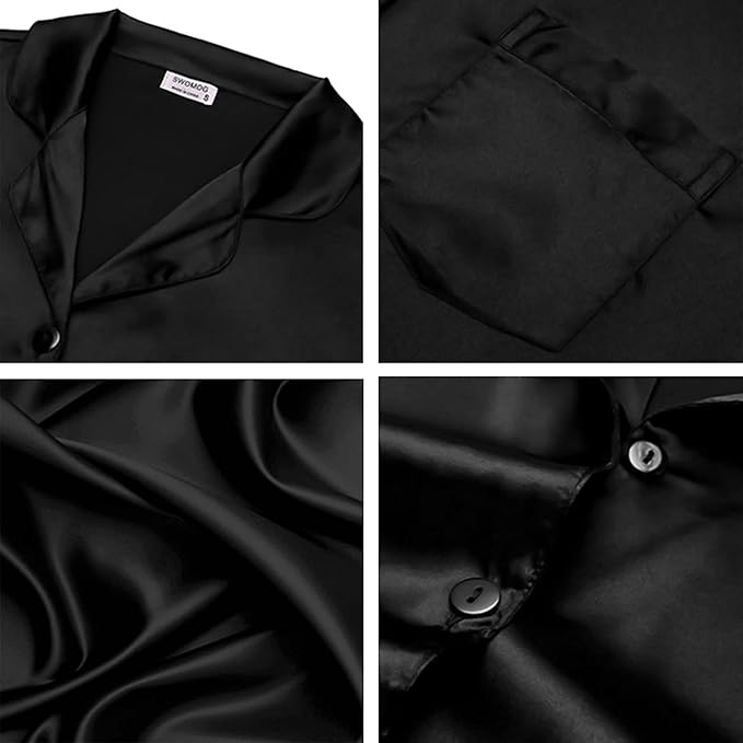 SWOMOG Long Sleeve Pajamas Set Silk Satin Sleepwear Button Down Pjs Loungewear with Pocket