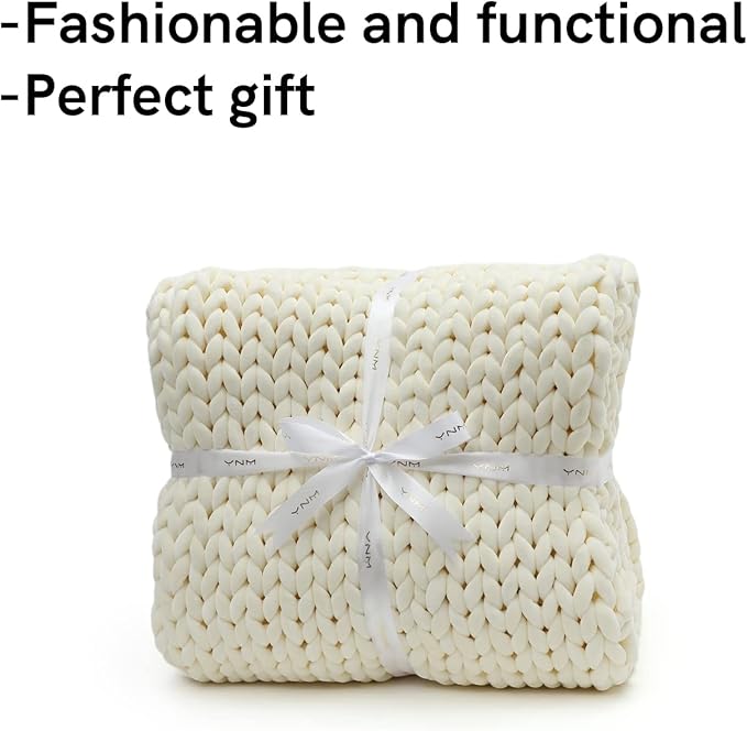 YnM Velvet Weighted Blanket, Handmade Chunky Knitted Design, Soft and Cozy, Temperature Regulating and Breathable, Machine Washable Throw for Sleep or Home Decor (Cream, 50x60 Inch, 10lbs)
