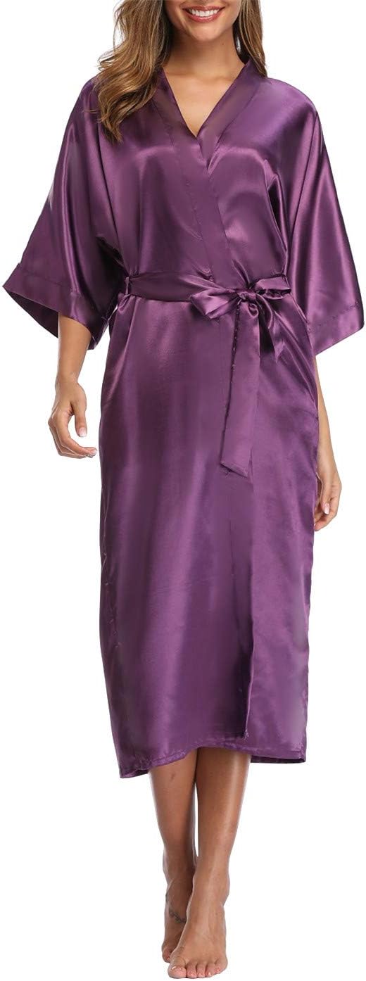 Women's Silk Robes Soft Long Satin Kimono Bathrobe Bride Bridesmaid Wedding Party Robes Sexy Sleepwear with Pockets