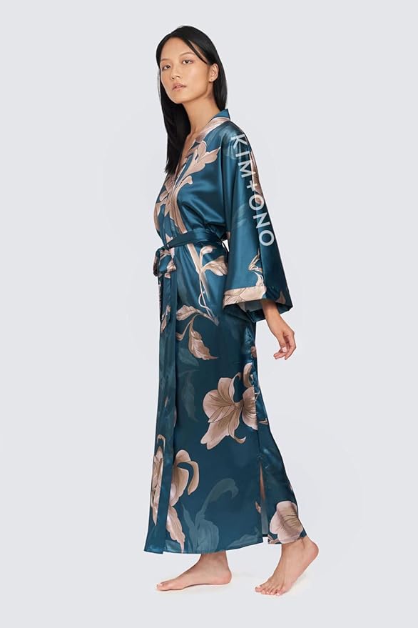 KIM+ONO Plus Size Luxury Kimono Robe for Women | Long Satin Floral Robe | Original Design | Removable Waist Tie Closure