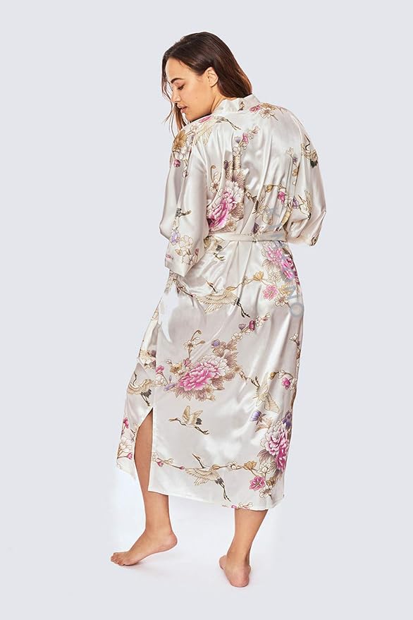 KIM+ONO Plus Size Luxury Kimono Robe for Women | Long Satin Floral Robe | Original Design | Removable Waist Tie Closure