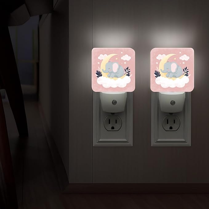 Elephant Night Lights Plug Into Wall, Cute Fanciful Moon Cloud None Peach Dusk to Dawn Led Plug in Night Lights for Entryway Garage Stairs Decor 2pcs