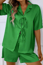 CHYRII Women's Silk Satin Pajamas Sets Tie Front Short Sleeve Tops and Shorts Two Piece Pj Sets Sleepwear