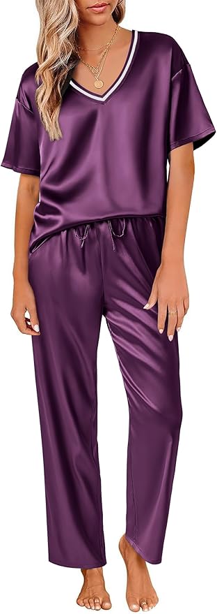 Ekouaer Satin Pajama Set for Women Short Sleeve Silky Pjs 2 Piece Lounge Sets Soft Comfy Sleepwear Loungewear S-XXL