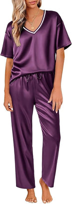 Ekouaer Satin Pajama Set for Women Short Sleeve Silky Pjs 2 Piece Lounge Sets Soft Comfy Sleepwear Loungewear S-XXL