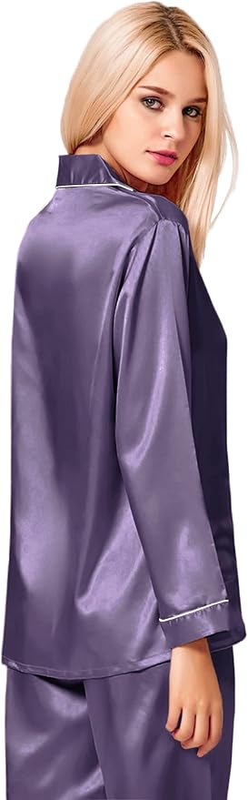 SWOMOG Womens Silk Satin Pajamas Set Long Sleeve Button Down Sleepwear 2 Piece Lounge Set Pj Set XS-3XL