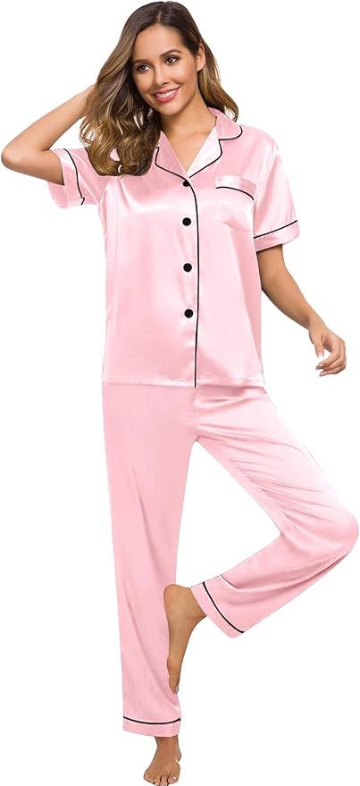 SWOMOG Women Satin Pajamas Set Short Sleeve Top & Pants Sleepwear Silky Button Down Nightwear 2pcs Loungewear Pjs Set