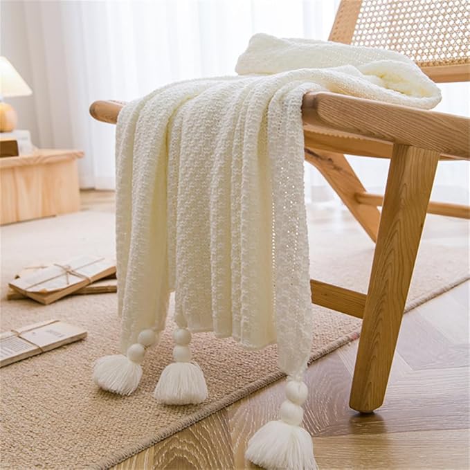 Chunky Cable Knitted Throw Blanket for Couch, Sofa and Bed, 43.3X60IN Lightweight Rustic Decorative Cozy Farmhouse Throw Blankets for Women and Man (White)