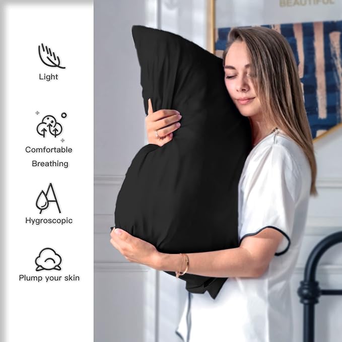 Mulberry Silk Pillowcase for Hair and Skin Pillow Case with Hidden Zipper Soft Breathable Smooth Cooling Silk Pillow Covers for Sleeping (Black, King,1Pcs)
