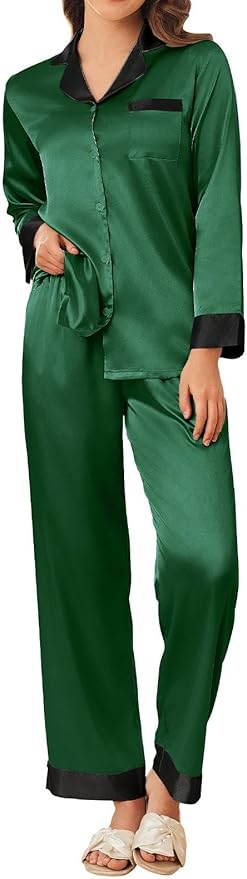 Ekouaer Silk Pajamas for Women Long Sleeve Satin Pajama Set Silky Pj Sets 2 Piece Button Down Loungewear Sleepwear