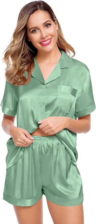 LecGee Womens Silk Satin Pajamas Short Sleeve Loungewear Two-Piece Sleepwear Button-Down Pj Set