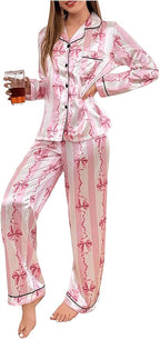 WDIRARA Women's 2 Piece Bowknot Print Satin Pajama Set Long Sleeve Button Down Lounge Pants Sleepwear Sets