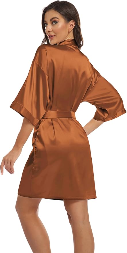 Women's Pure Short Kimono Robes Bride Bridesmaids Silky Bathrobe Lightweight Satin Sleepwear