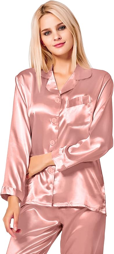 SWOMOG Long Sleeve Pajamas Set Silk Satin Sleepwear Button Down Pjs Loungewear with Pocket