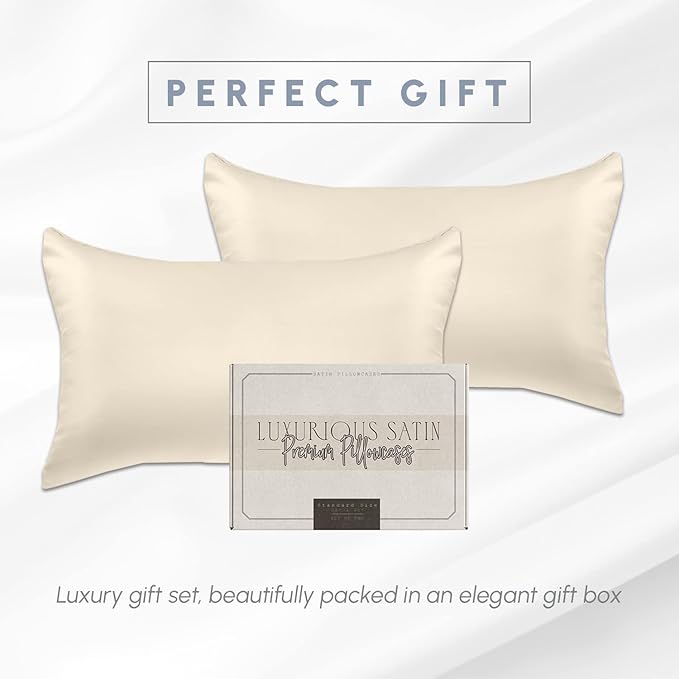 Elegant Comfort 2-Pack Cooling Viscose Satin Pillowcase Set with Hidden Zipper Closure, Silky Smooth for Best Hair and Skin Care-Beautiful Gift Box-2-Piece Satin Pillowcase Set, King, Cream
