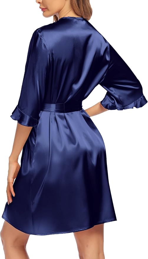 Ekouaer Women's Satin Robe Valentines Lingerie for Women Kimono Bathrobe Short Ruffle Belted Robes Bridesmaids Sleepwear